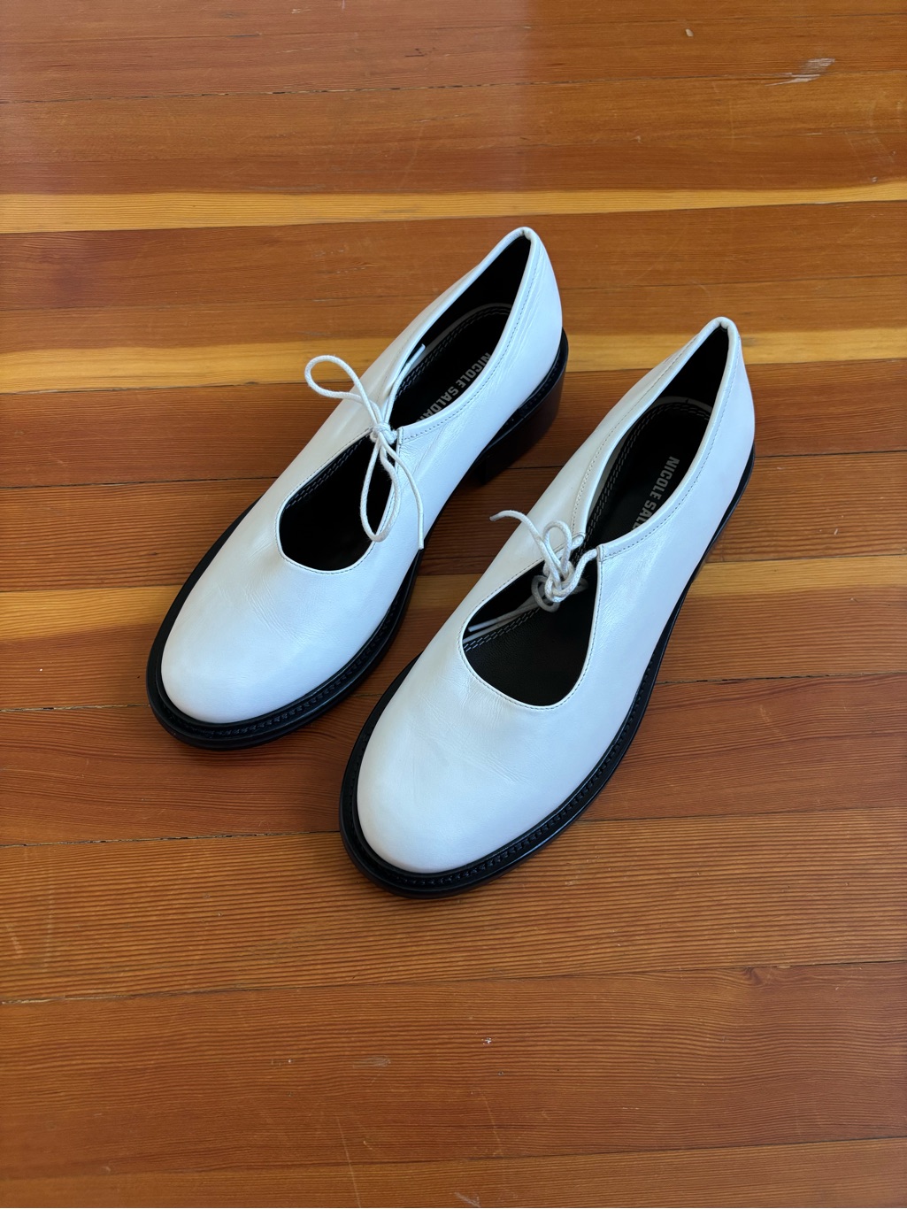 Nicole Saldana Tie Mary Janes White With Black Sole